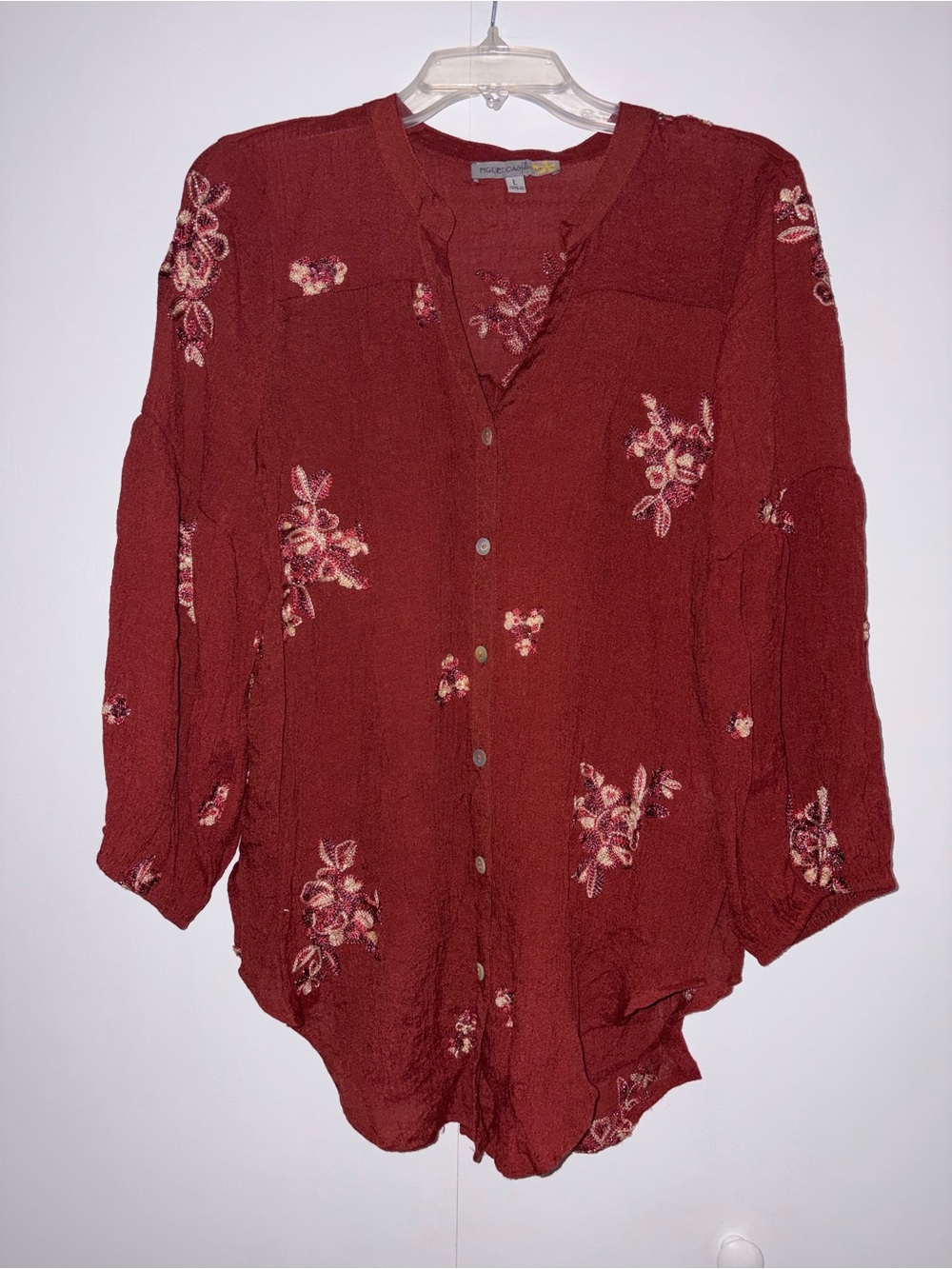 Vintage-style Brick Red Floral Button-Front Women's Top